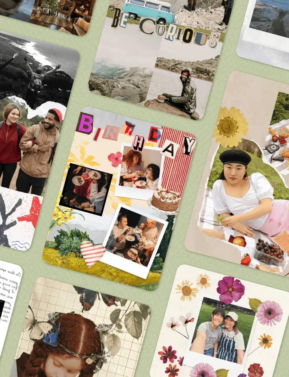 Digital scrapbook how-to visual showing a 'Be Curious' adventure page, a 'Birthday' party page, and a vintage butterfly portrait page