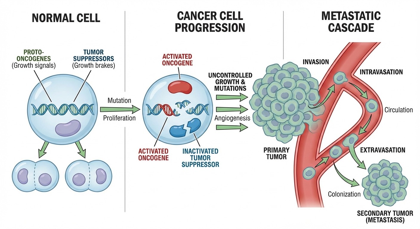 Neoplasia mechanisms - oncogenes, tumor suppressors, and metastasis pathway for USMLE Step 1