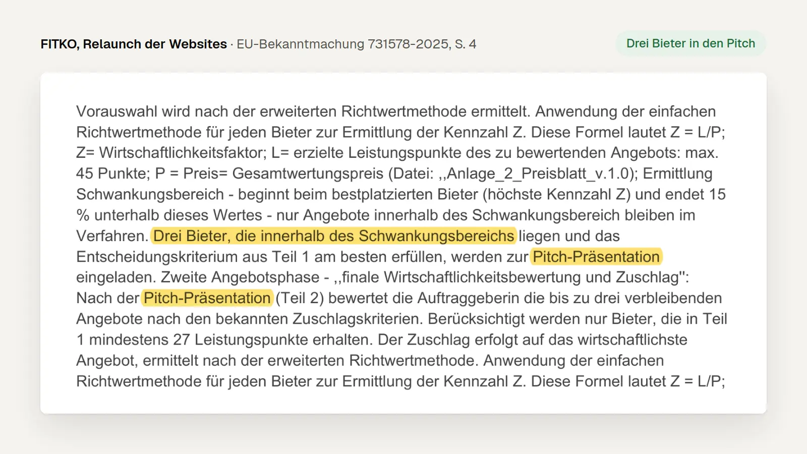 Ausschnitt aus der EU-Bekanntmachung der FITKO 2025: drei Bieter im Schwankungsbereich werden zur Pitch-Präsentation eingeladen
