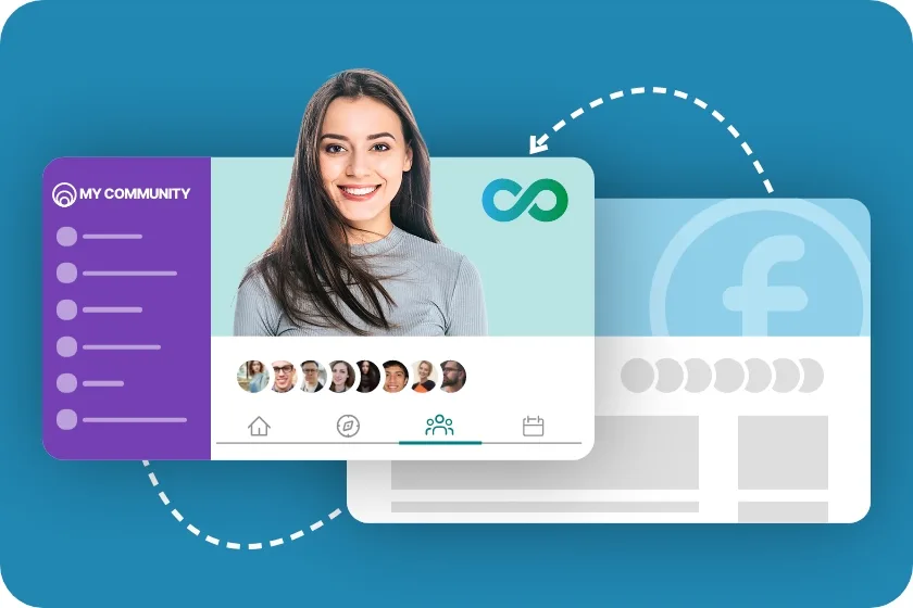 Illustration of a person guiding a group away from the Facebook logo toward a new digital community platform, symbolizing the migration of an online community to a dedicated space. If you want it more descriptive or simpler, just let me know!
