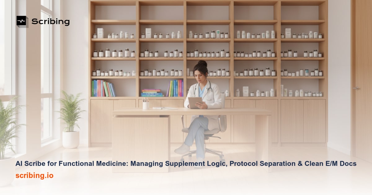 AI scribe documentation workflow for functional medicine showing organized supplement protocols and prescription medications in a clinical setting