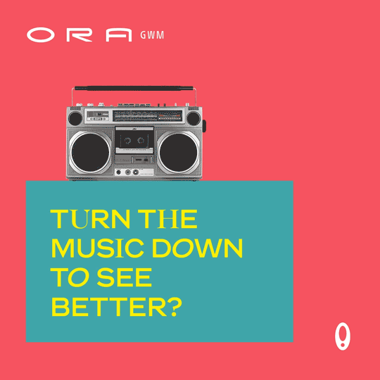 A boom-box with eyes and the headline 'Turn the Music Down to see Better?'