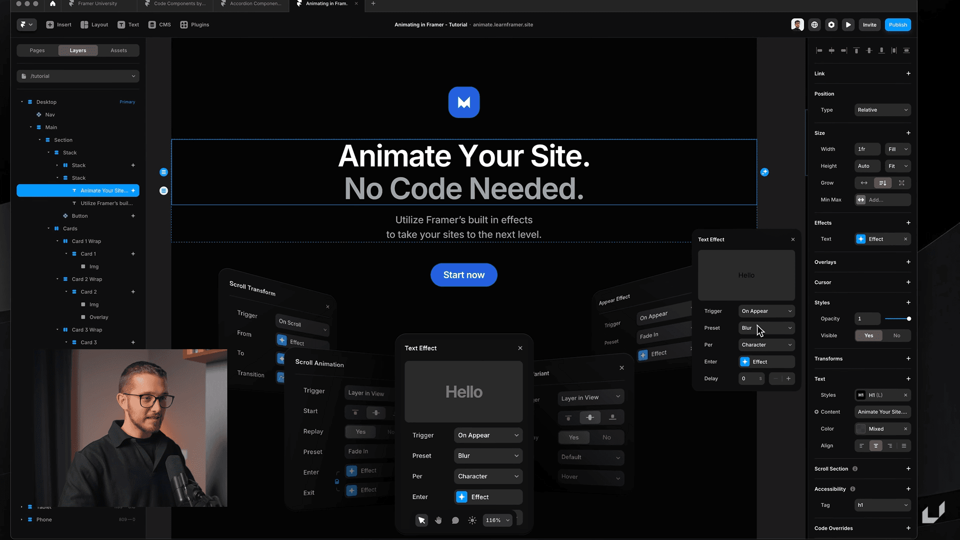 Design interface in Framer showcasing animation tools and text effects for creating visually engaging, interactive websites