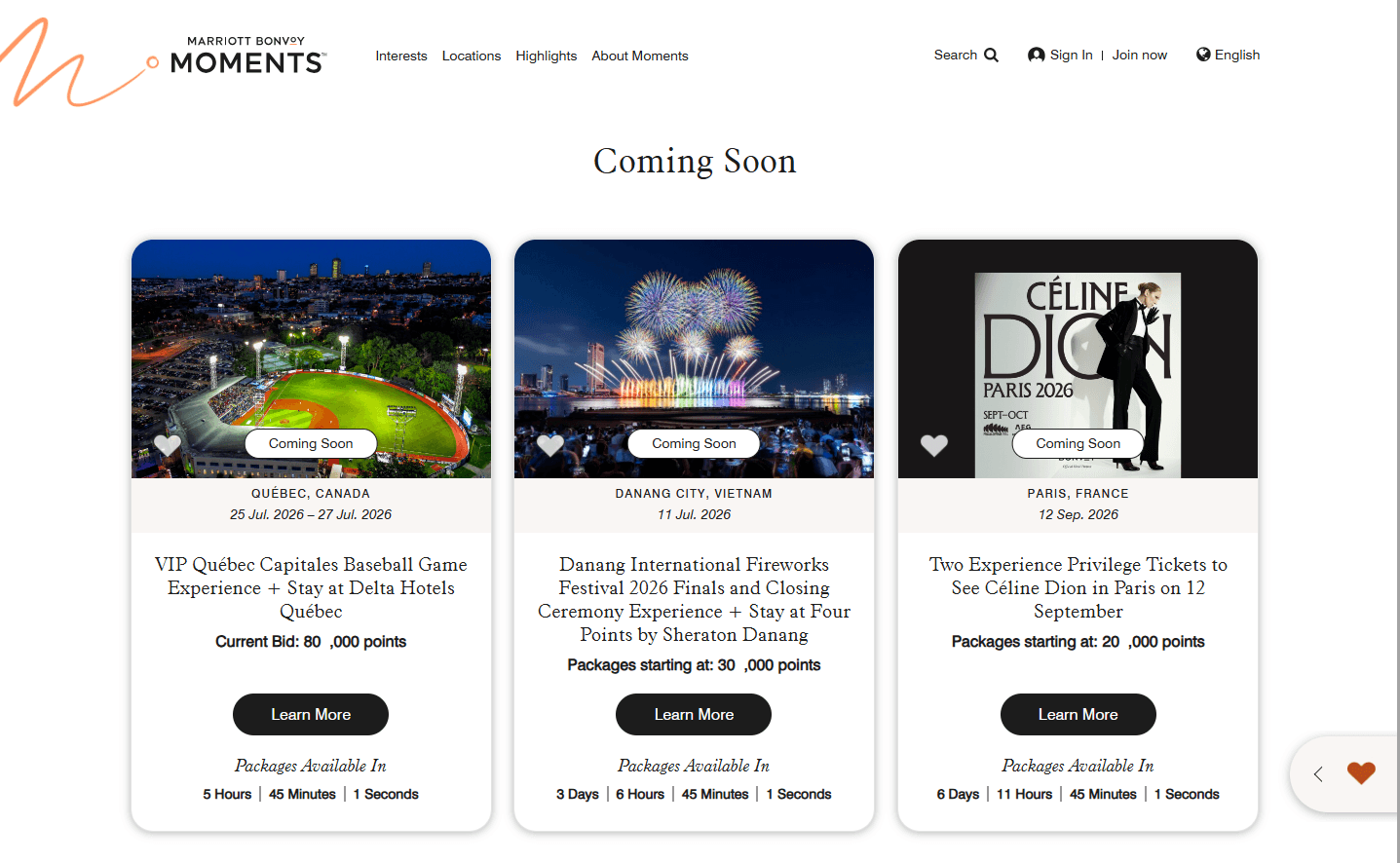 Marriott Bonvoy Moments "Coming Soon" experiential rewards page featuring three exclusive point redemption packages: VIP Québec Capitales Baseball Game Experience + Stay at Delta Hotels Québec (current bid 80,000 points, Québec, Canada, Jul 25-27, 2026), Danang International Fireworks Festival 2026 + Stay at Four Points by Sheraton Danang (packages from 30,000 points, Vietnam, Jul 11, 2026), and Two Experience Privilege Tickets to See Céline Dion in Paris (from 20,000 points, France, Sep 12, 2026) — with countdown timers showing limited availability windows; illustrating a premium experiential rewards marketplace combining live events, exclusive access, and points-based bidding mechanics