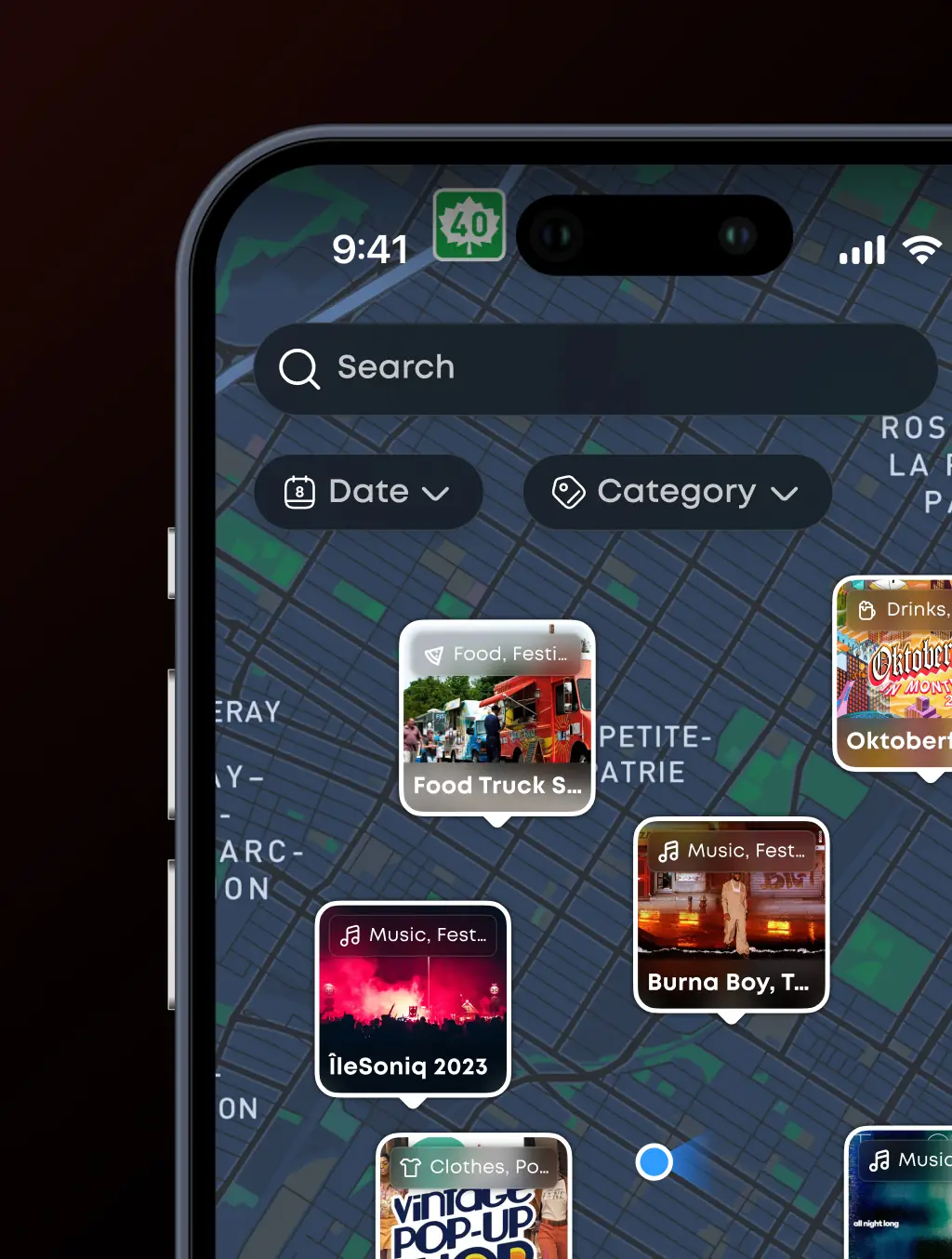 Mobile screen highlighting venue listings on the Roamr map feature.