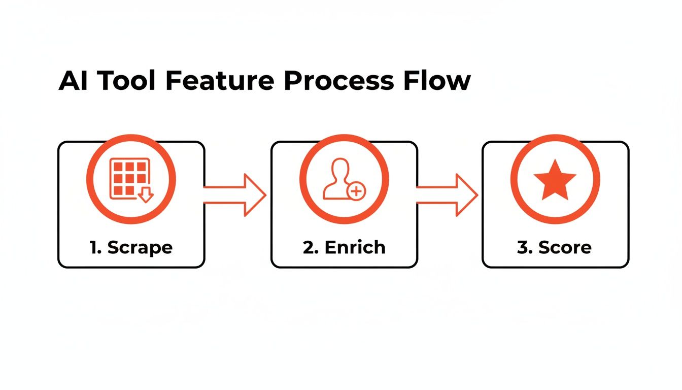 An AI tool feature process flow illustrating steps: 1. Scrape data, 2. Enrich profiles, 3. Score leads.