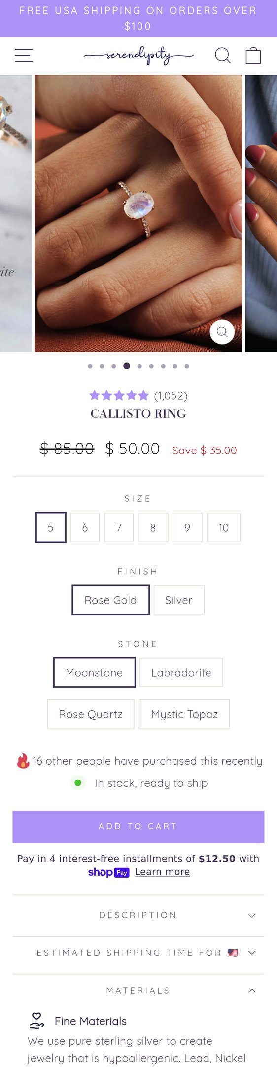 Jewelry product options include: ring for Callisto Ring from Serendipity.