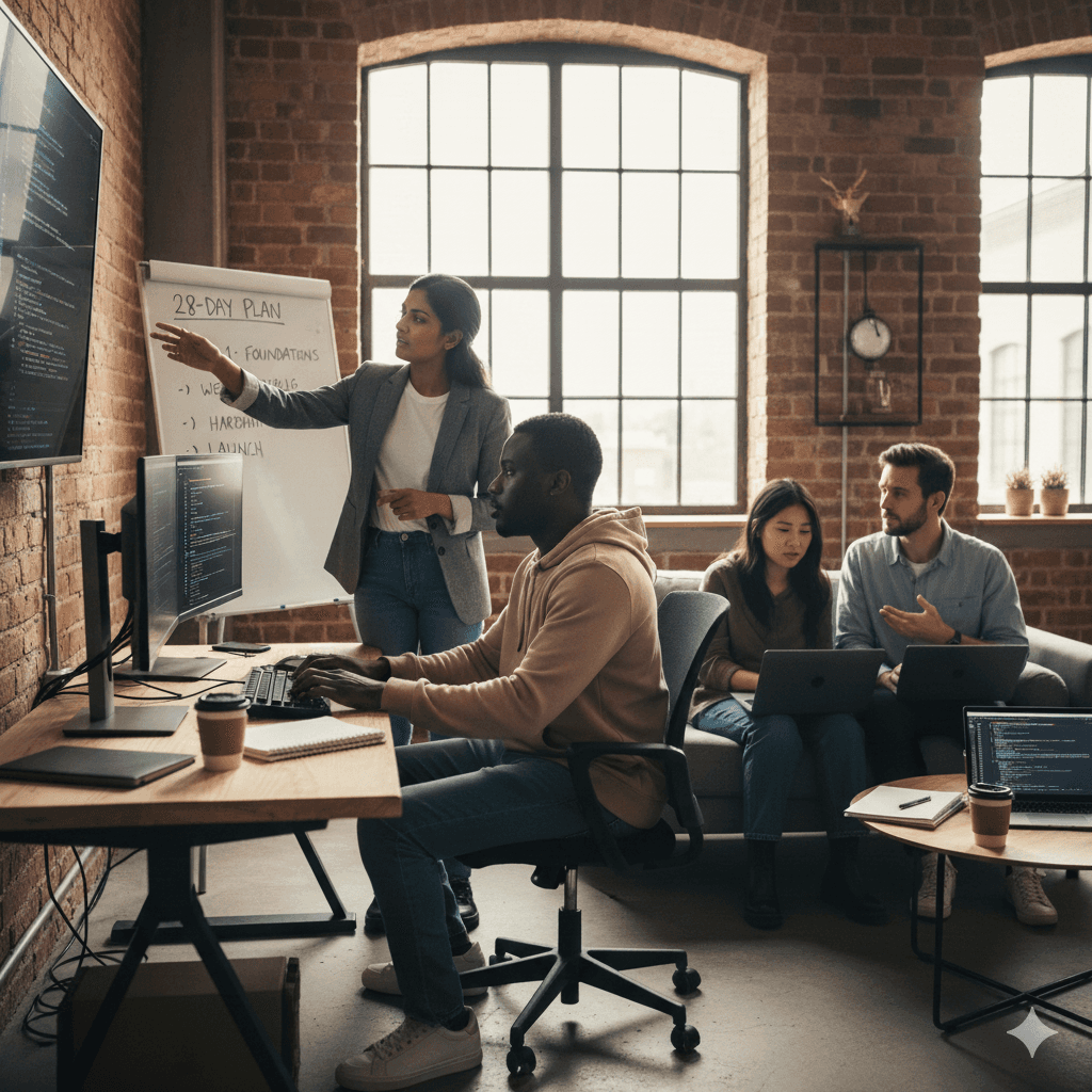 The image shows a diverse team collaborating in a modern office with brick walls and large windows, where one person points at a screen displaying code while others focus on laptops and engage in discussion, embodying the dynamic nature of tech work environments and OpenAI-driven innovation.