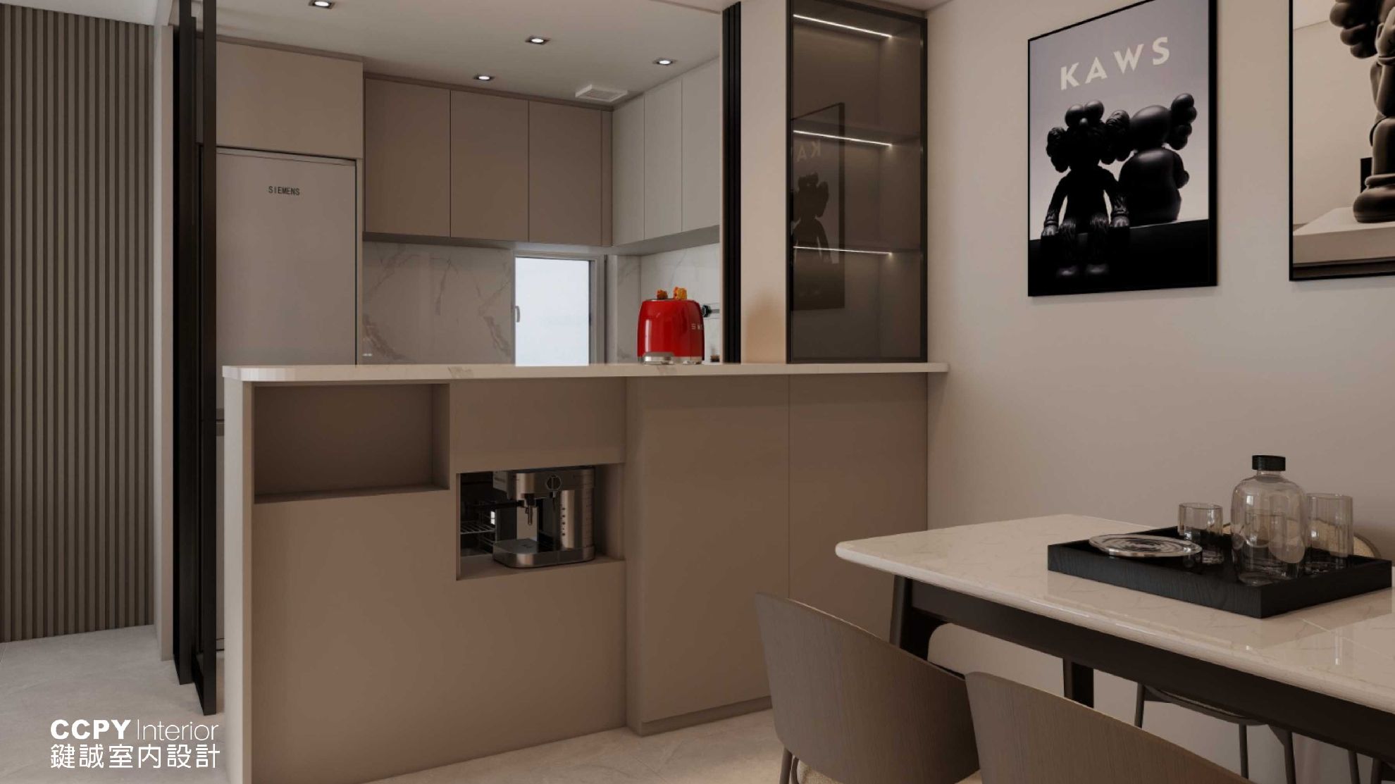 Modern kitchen with minimalist decor and KAWS art.