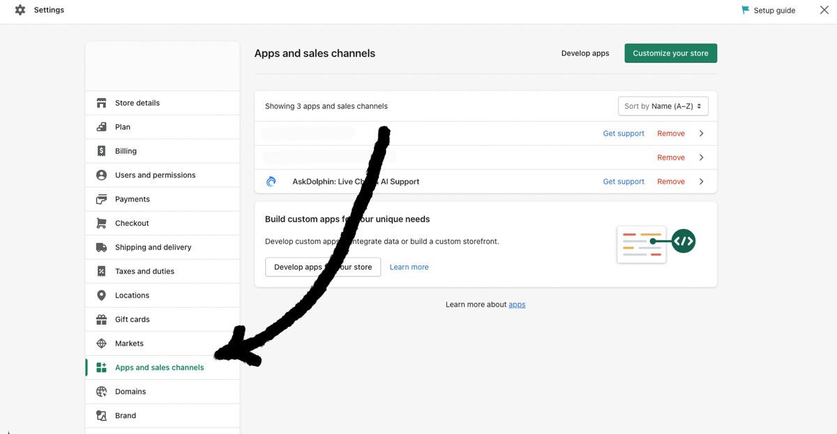 Shopify settings dashboard with an arrow pointing to the Apps and sales channels section that displays the AskDolphin app.