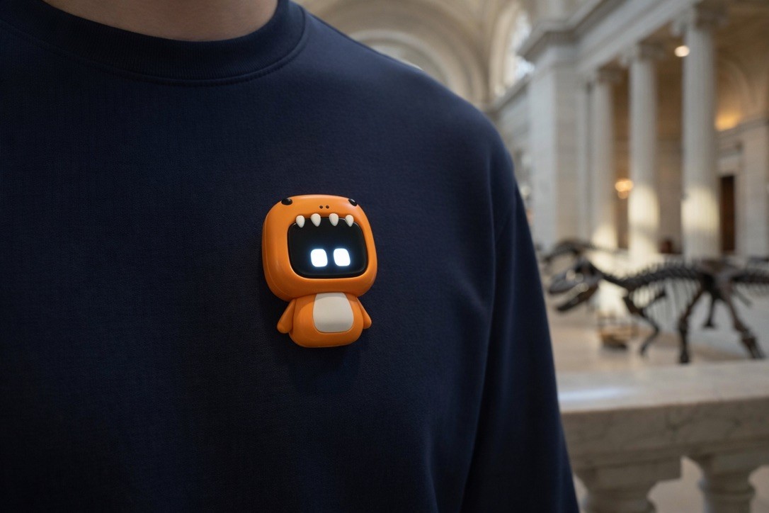 Finished orange oscar clipped onto a navy sweater, standing in a museum with a dinosaur skeleton visible behind