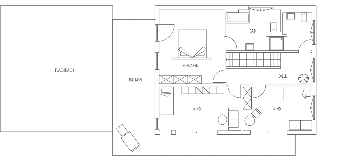 Grundriss mit Wohnbereich, Bad, Diele, Balkon und Flachdach. Enthält Schlaf- und Kinderzimmer mit Möblierung.</h2>