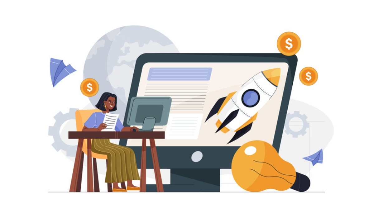 Illustration of a woman seated at a desk working on a computer, holding a paper while a large monitor behind her shows a rocket launch, surrounded by floating dollar signs, gears, paper airplanes, and a light bulb.