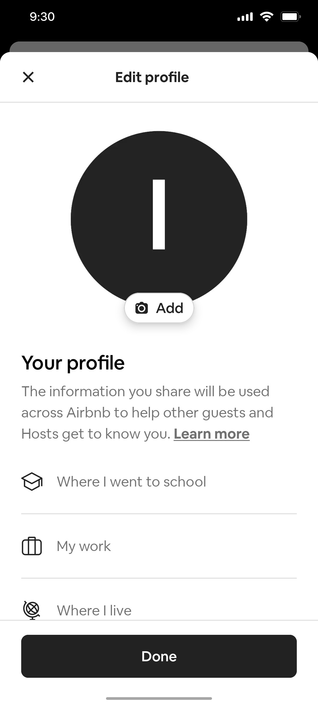 Airbnb Edit Profile screen