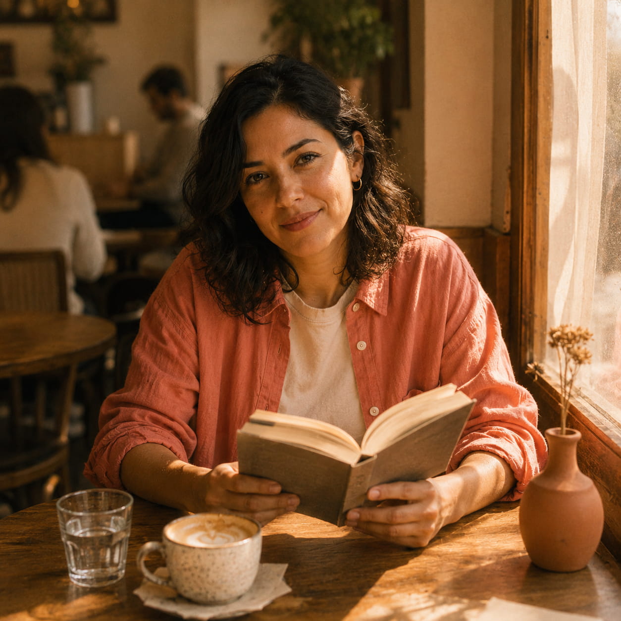Woman in a cozy cafe, wearing a coral shirt, smiles while reading a book. A cappuccino and glass of water are on the wooden table, warm sunlight streams in.