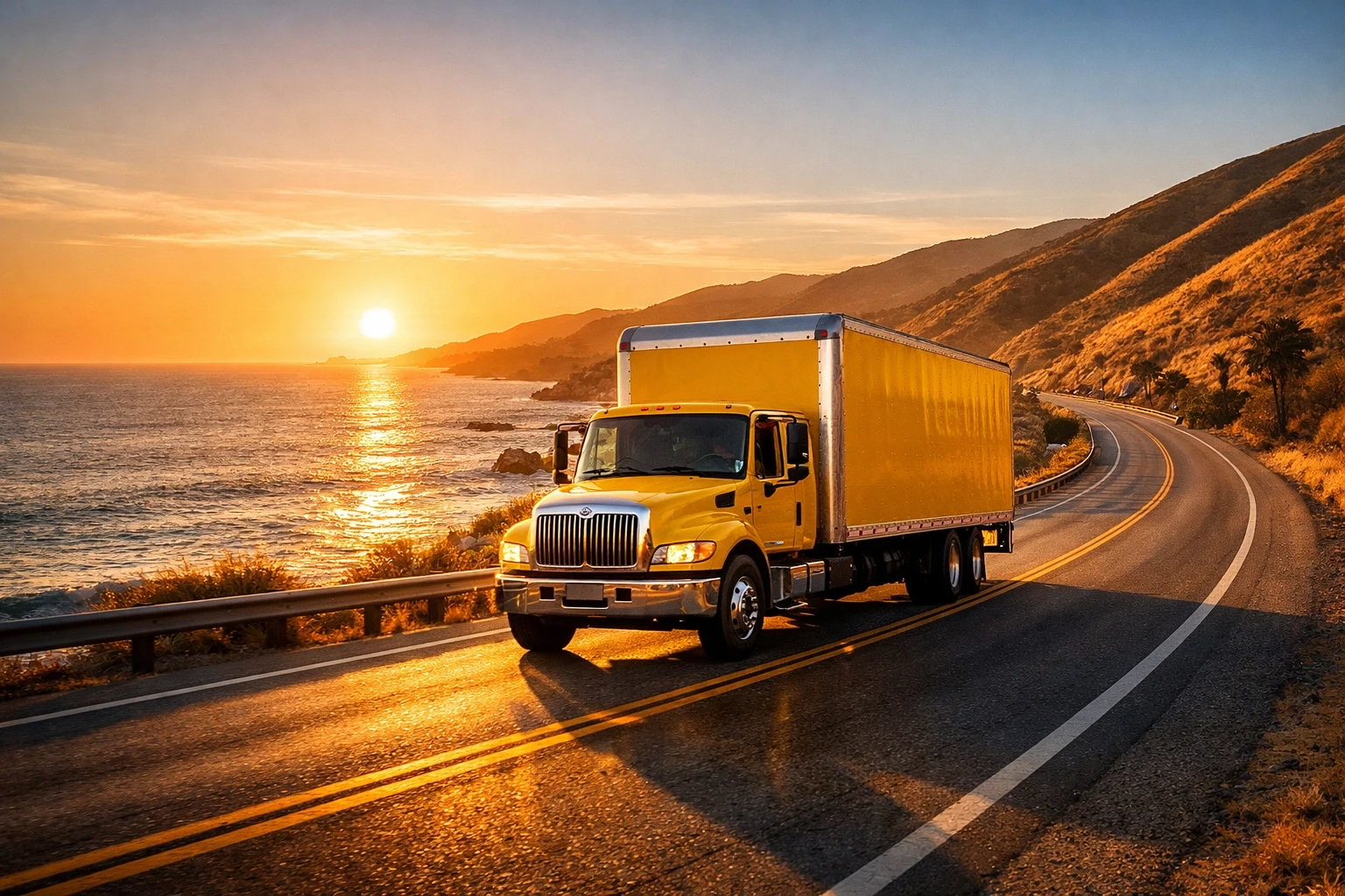 Yellow moving truck driving along the California coast for professional furniture delivery Los Angeles services.