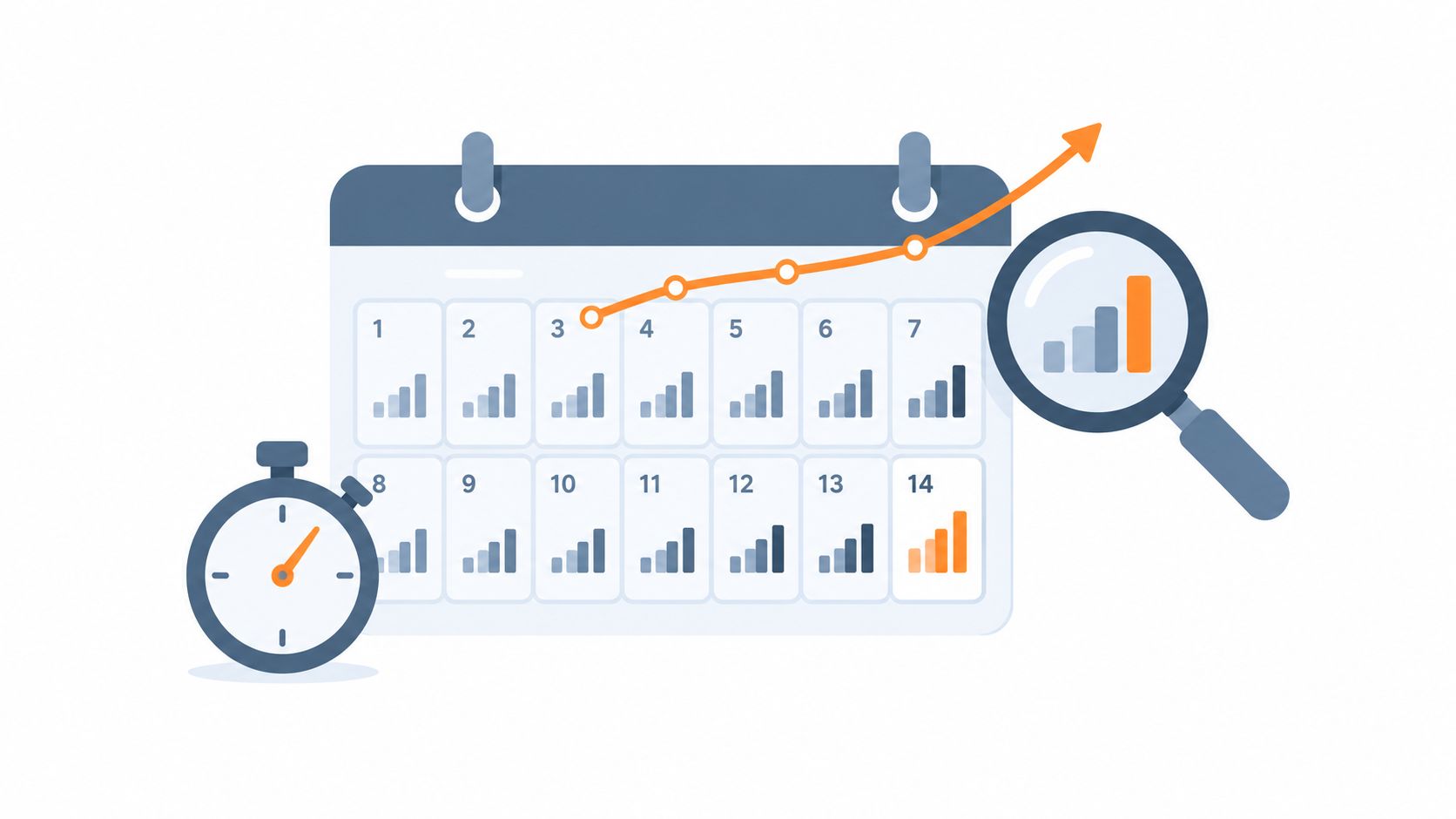 A calendar showing growth trends with a magnifying glass and a stopwatch symbolizing time management.