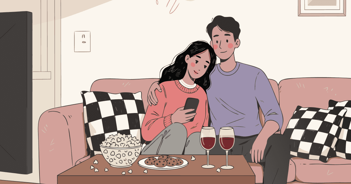 Illustrated young couple sitting together on a pink sofa in a cozy living room. The woman with long black hair and a pink sweater rests her head on the man's shoulder, eyes closed, with a calm expression. He has his arm around her. A wooden coffee table in front holds a bowl of popcorn and a plate of cookies, and two glasses of red wine. White checkered cushions flank them. Warm cream background with small hand-drawn doodle marks. Flat painterly style, variable linework.