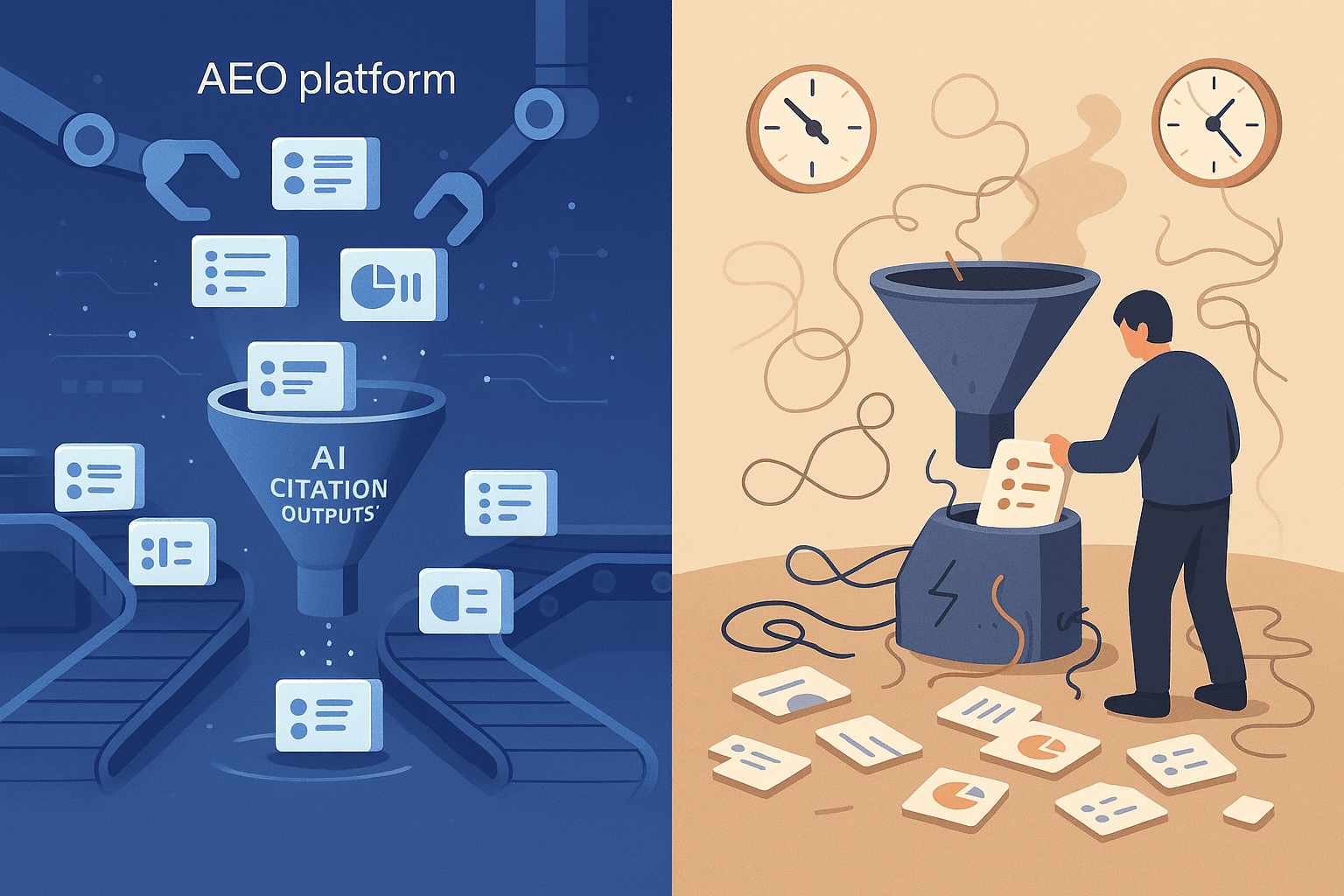 Side-by-side illustration contrasts streamlined AEO automation with chaotic manual DIY citation efforts