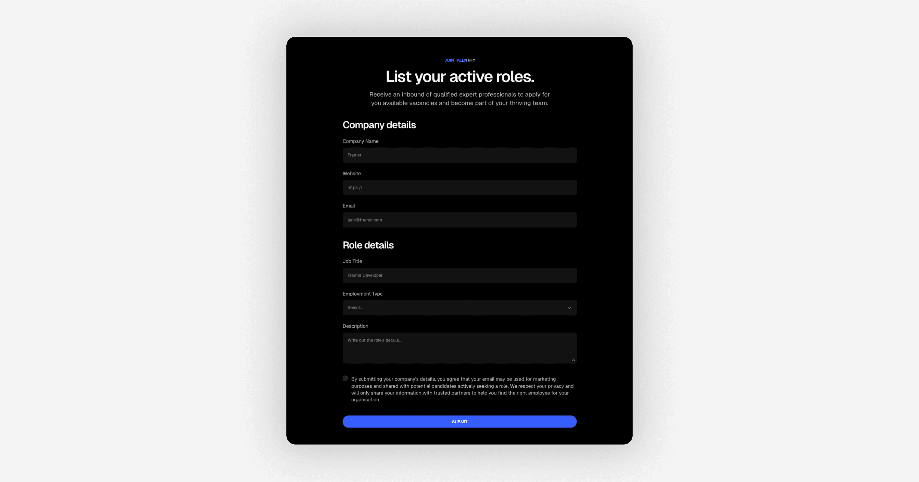 Contact form made in Framer