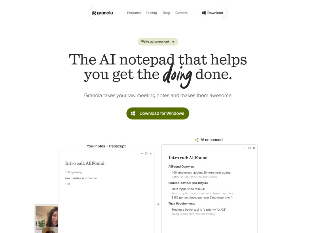 Granola website hero section with a button and some demonstrations of the product