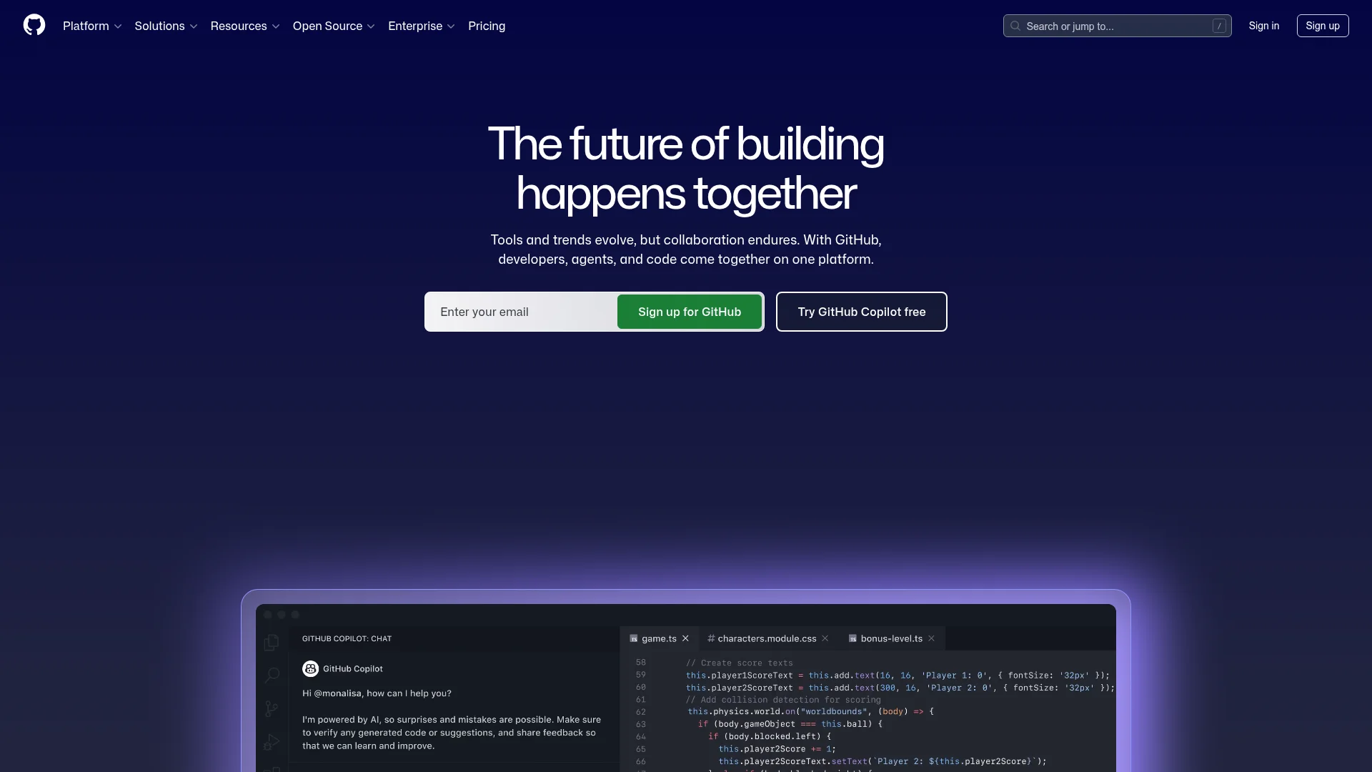 GitHub homepage showing collaborative code development features