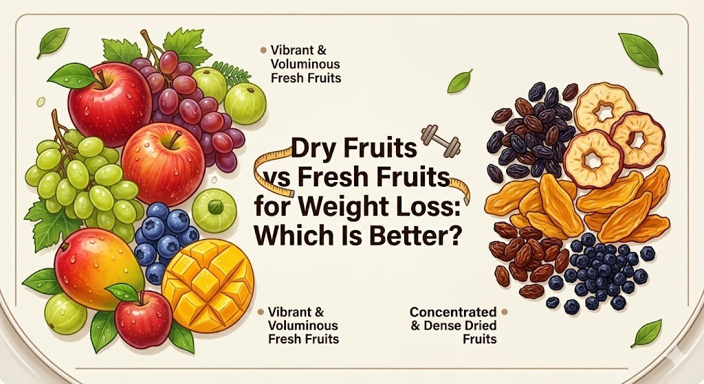 A nutritional comparison graphic illustrating "Dry Fruits vs Fresh Fruits for Weight Loss: Which Is Better?". On the left, an abundant assortment of fresh fruits like apples, grapes, mangoes, and gooseberries, labeled "Vibrant & Voluminous Fresh Fruits". On the right, a compact pile of dried fruits such as raisins, dried mango, apple rings, and blueberries, labeled "Concentrated & Dense Dried Fruits". The image is designed in a clean vector art style with a weight loss theme.