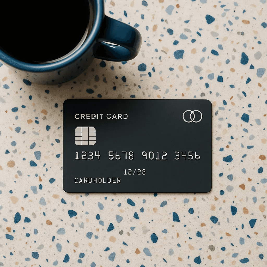 A close-up of a black credit card placed on a speckled surface next to a cup of coffee.