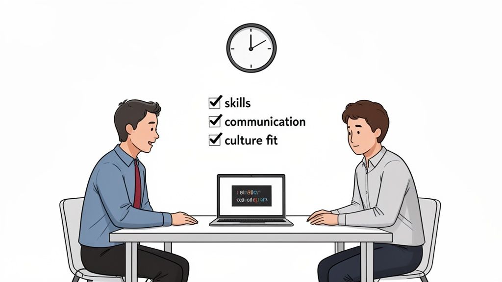 Two men interview at a table with a laptop, evaluating skills, communication, and culture fit.