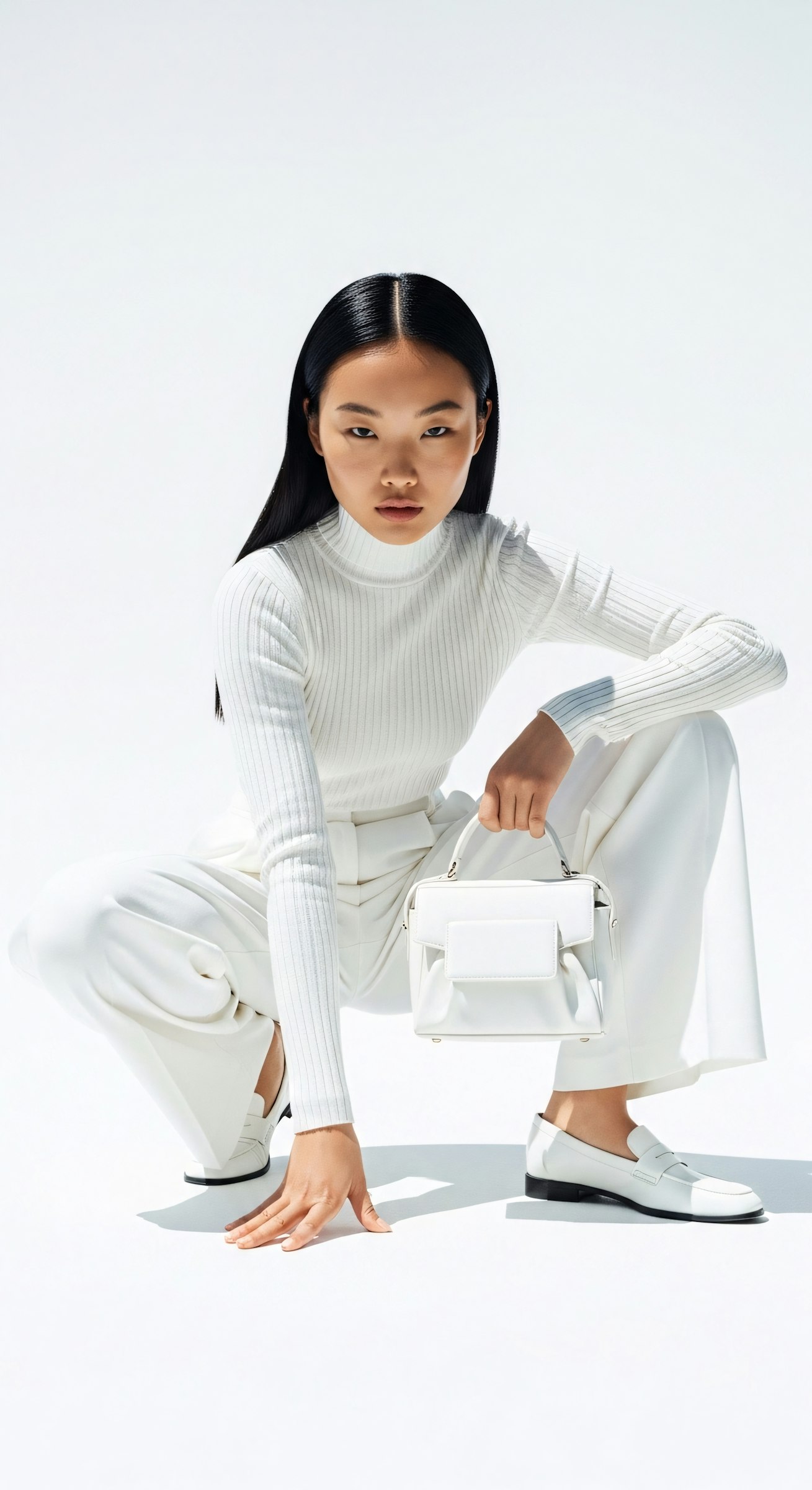 model pausing against a white background