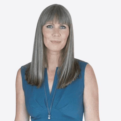 Headshot of employee, Annette Klausen Bengtsson, on a blue tinted, grey background