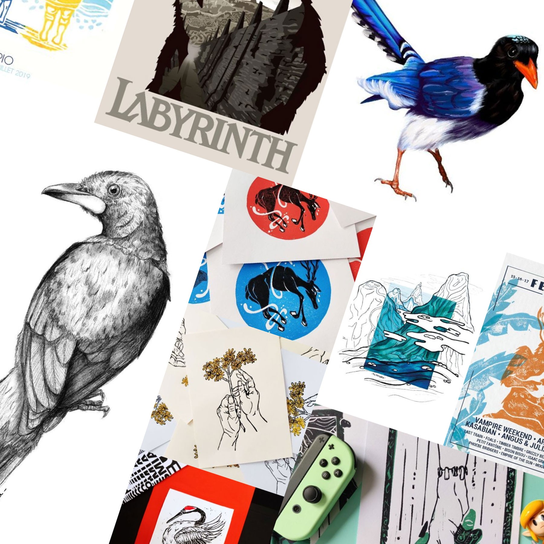 Assemblage de plusieurs images provenant de différents projets d'illustration que j'ai réalisé. On peut voir, entre autre, des illustration numérique d'oiseaux, des affiches, des illustrations aux feutres, de la linogravure...