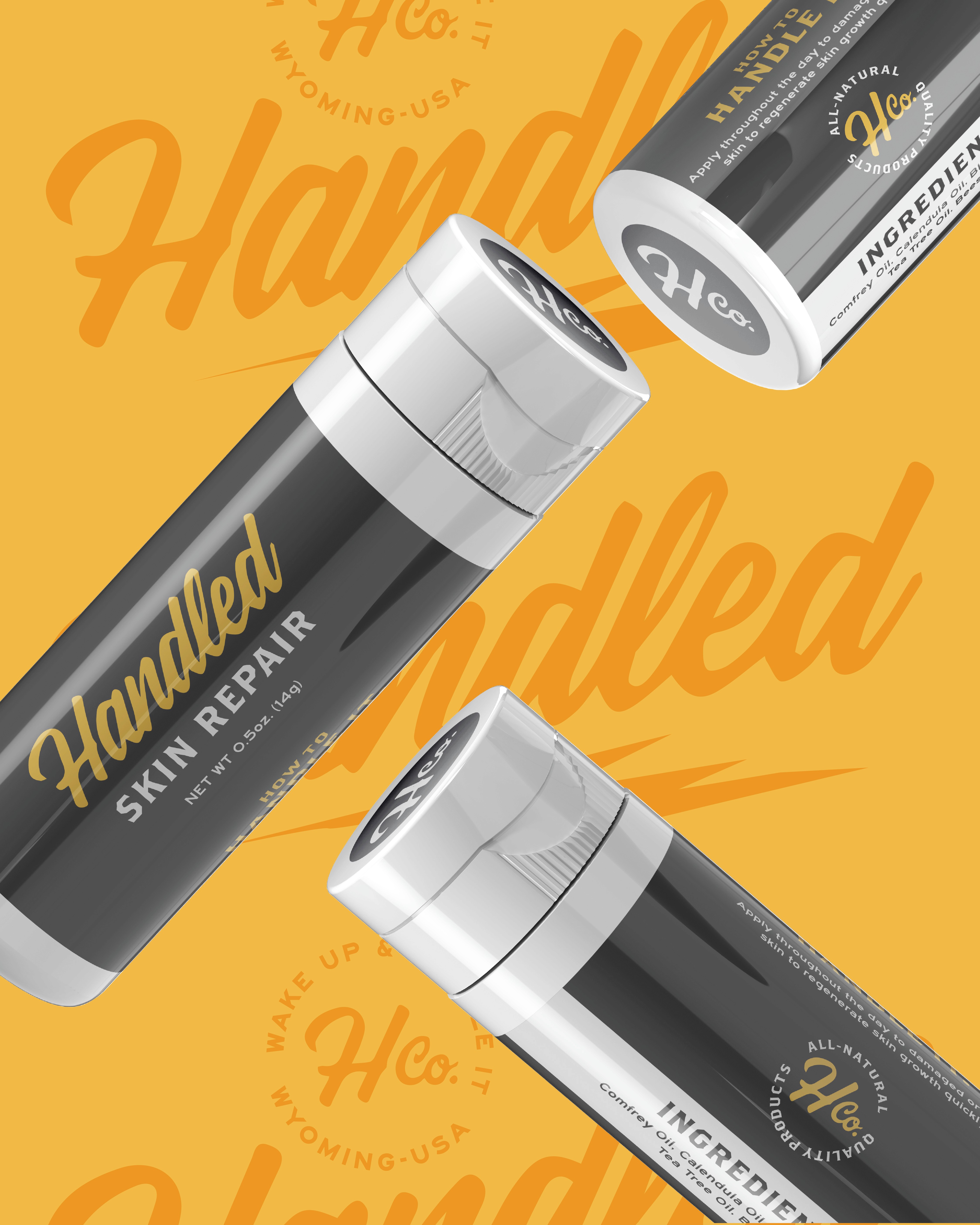 Handled Co. lip balm with yellow script logo