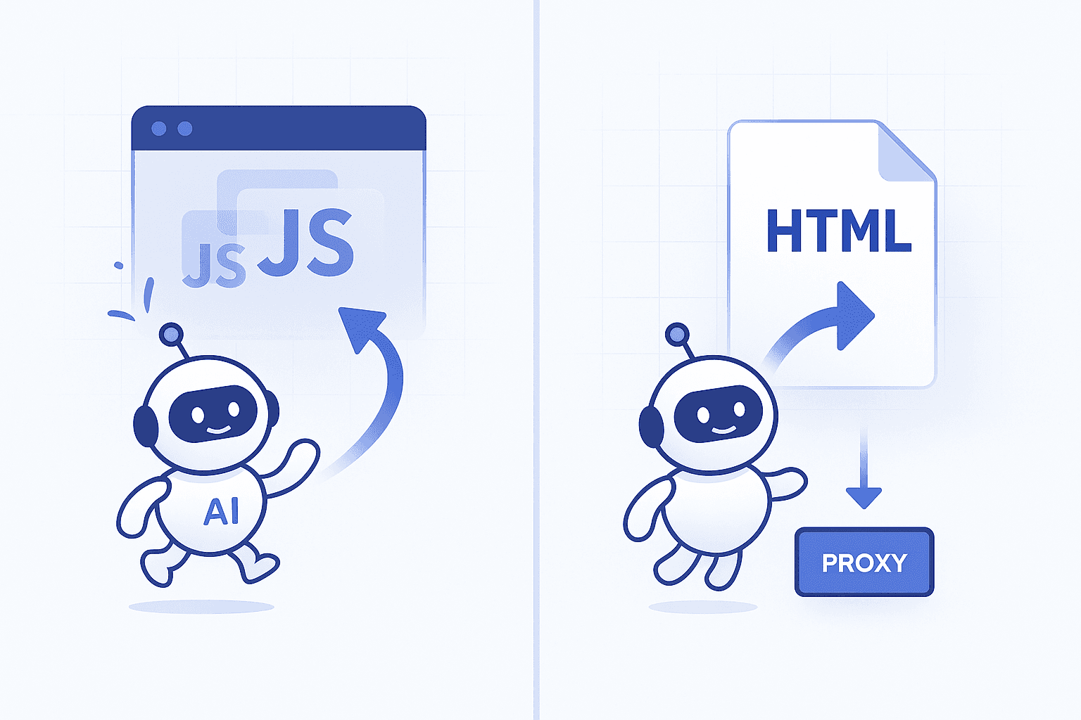 Comparison showing AI crawler blocked by JavaScript-only page versus accepted by prerendered static HTML