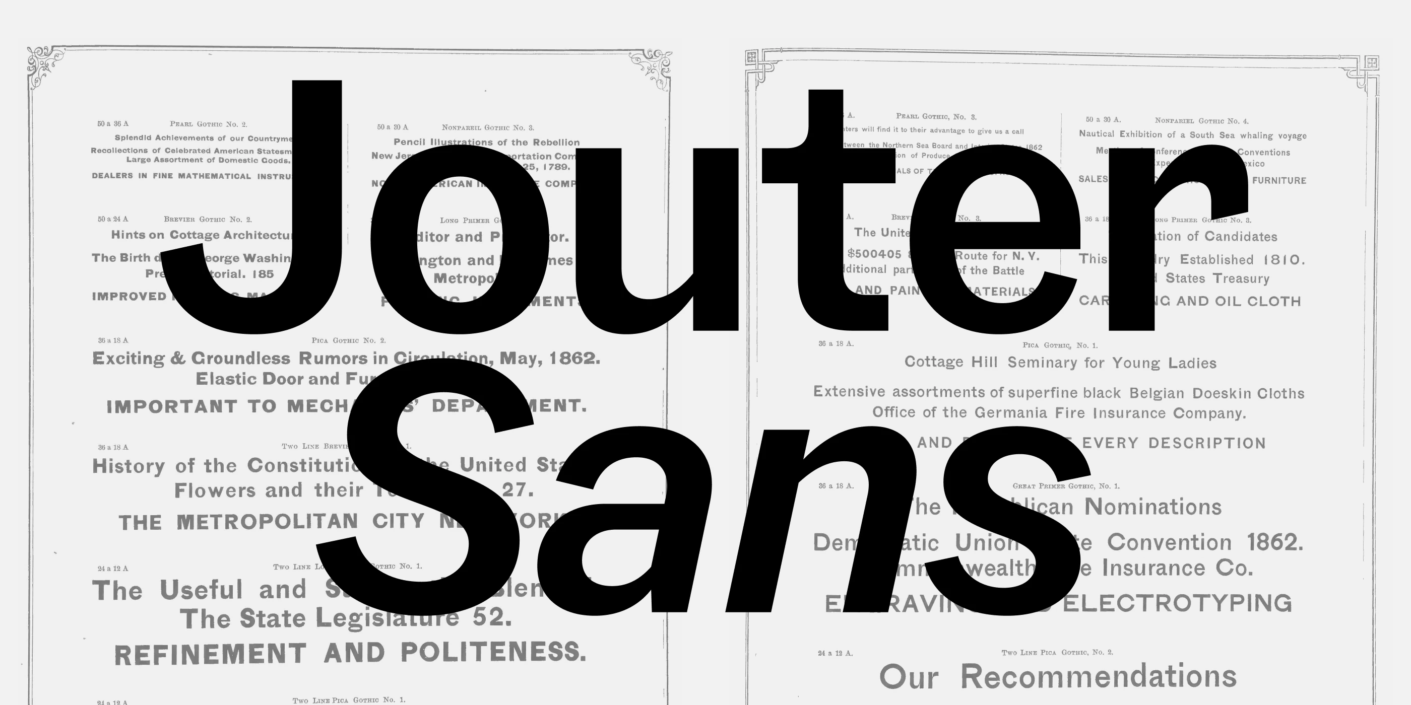 Jouter Sans type revival font showcasing a modern Gothic revival design with 18 styles