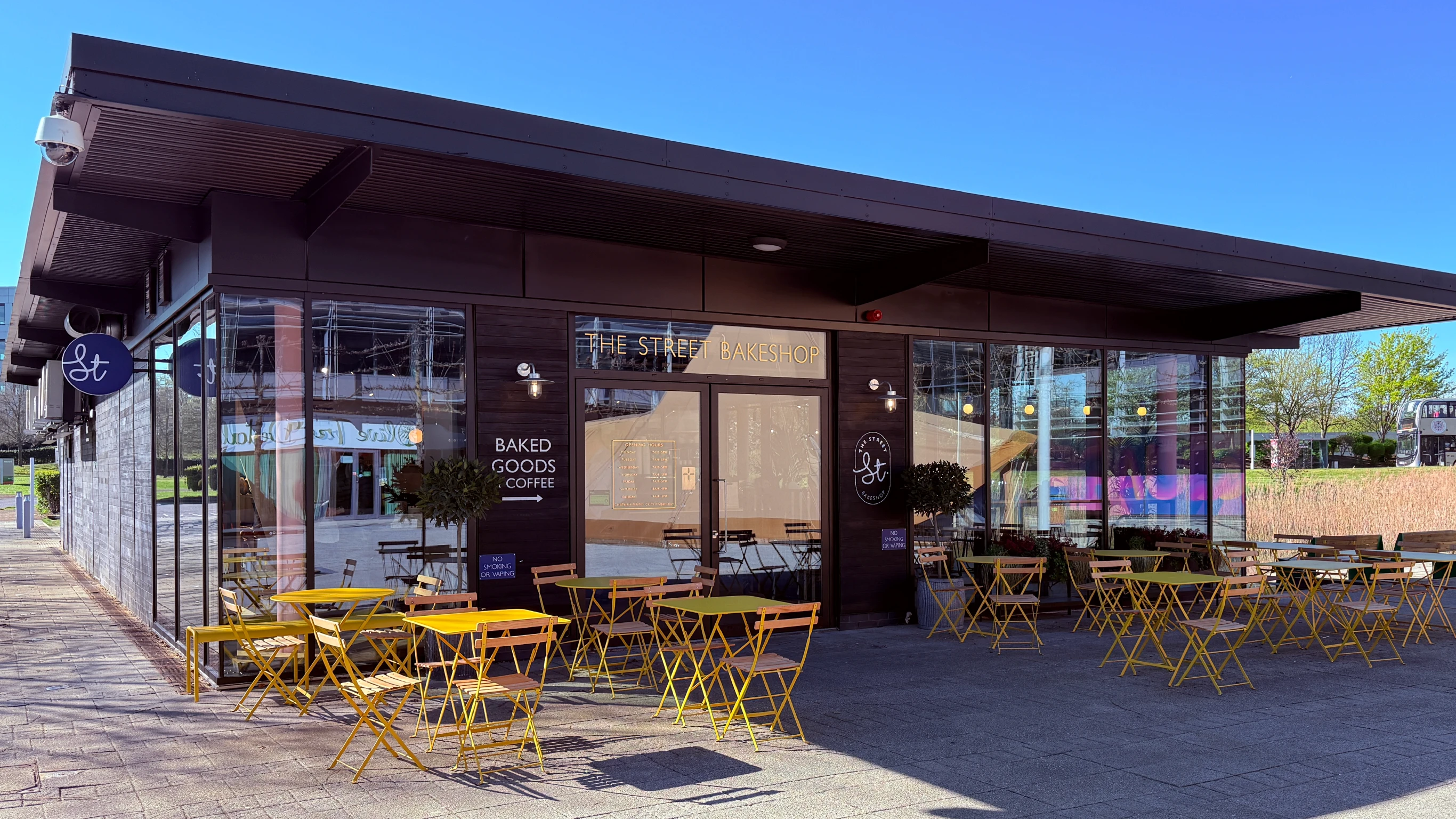The Street Bakeshop outside eating area looking at the bakeshop glazing