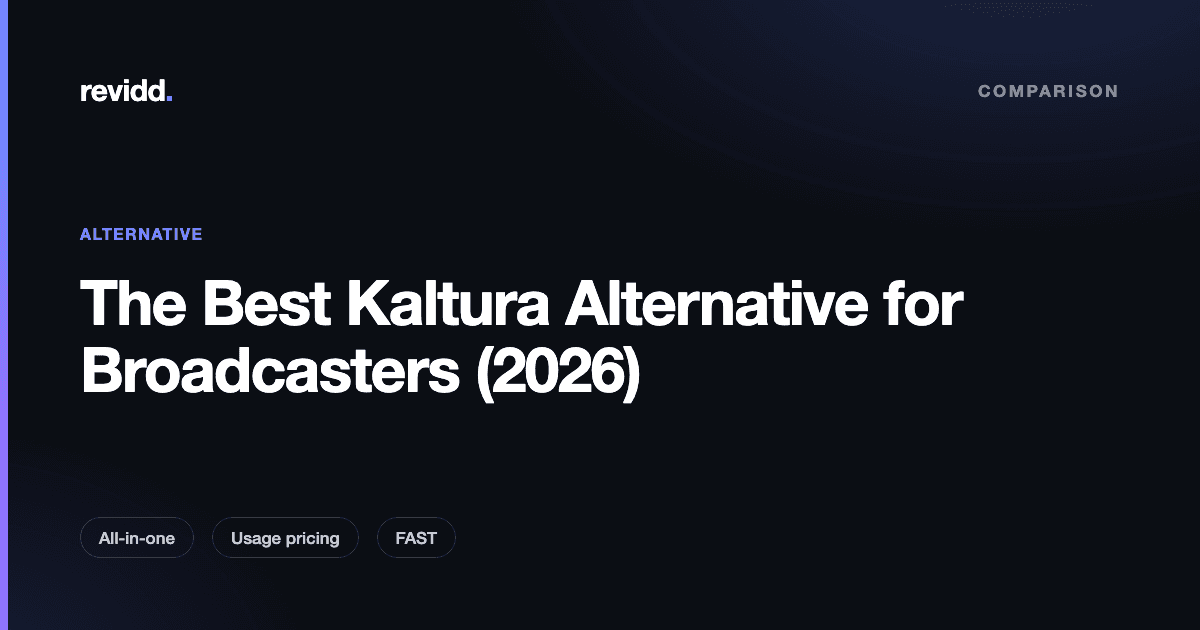 Comparison card showing a broadcaster-first OTT and FAST platform as a Kaltura alternative across devices