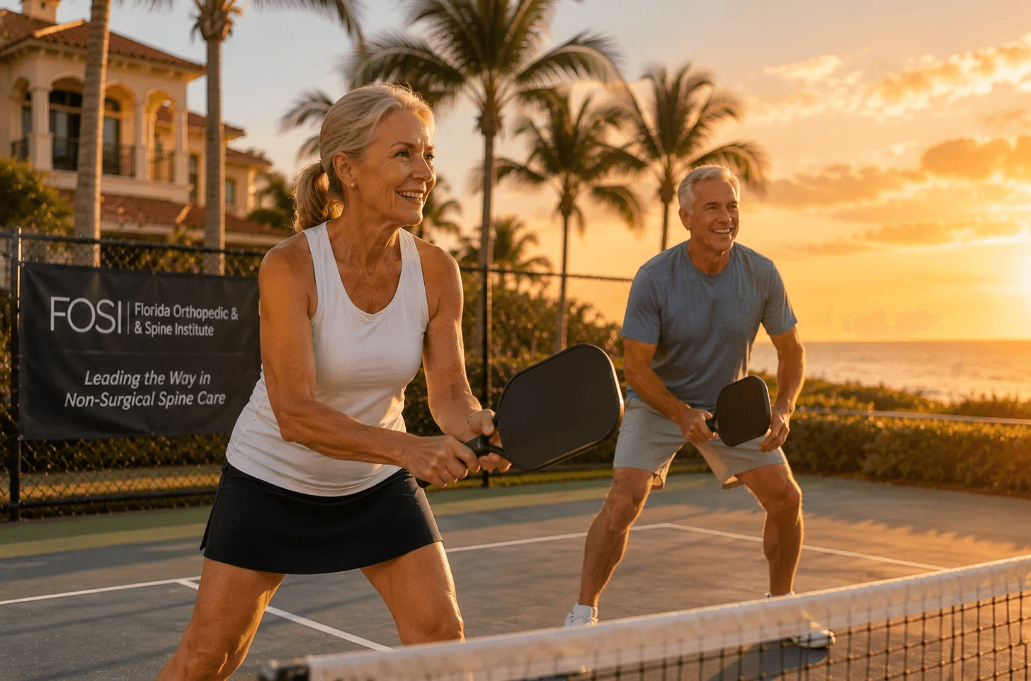 An active older couple playing pickleball at sunset in Naples, Florida, representing restored mobility and an active lifestyle supported by spinal stenosis treatment at Florida Orthopedic & Spine Institute.
