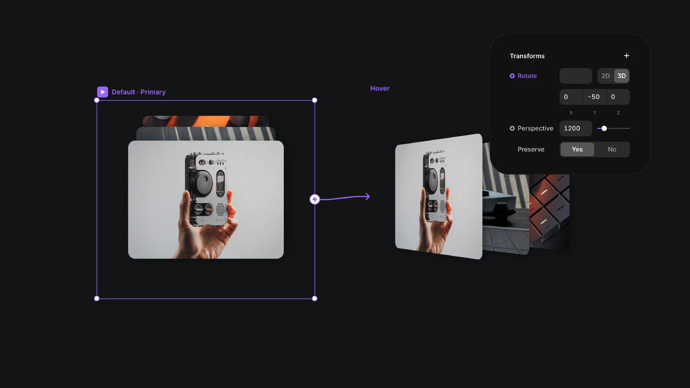 3D image transformation with hover effect and perspective settings