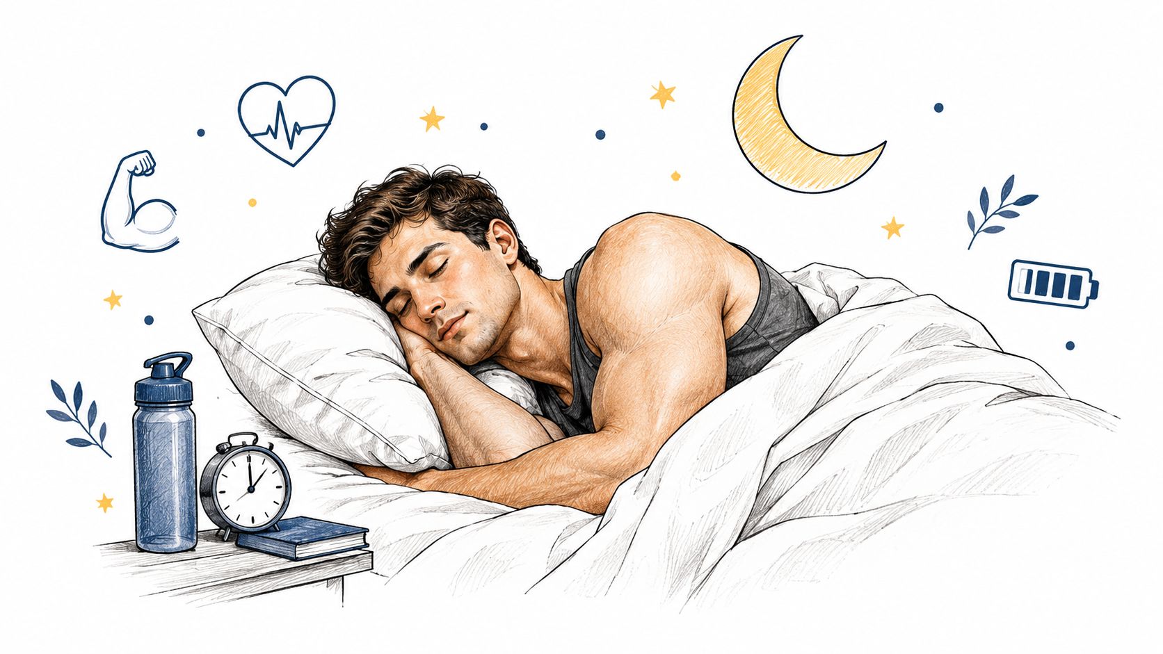 A muscular man peacefully sleeping in a comfortable bed, symbolizing healthy post-workout muscle recovery and rest.