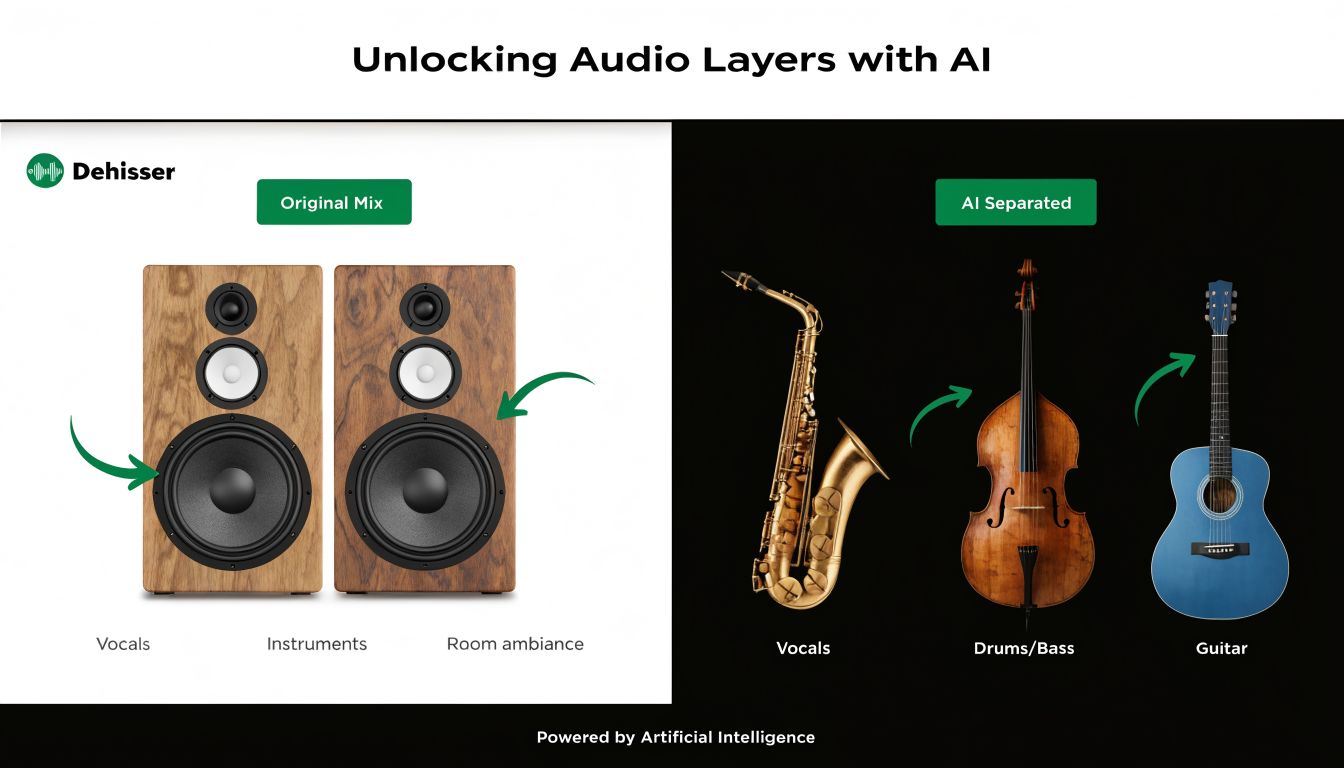 A graphic showing how AI separates an original audio mix into distinct vocal, instrument, and guitar tracks.
