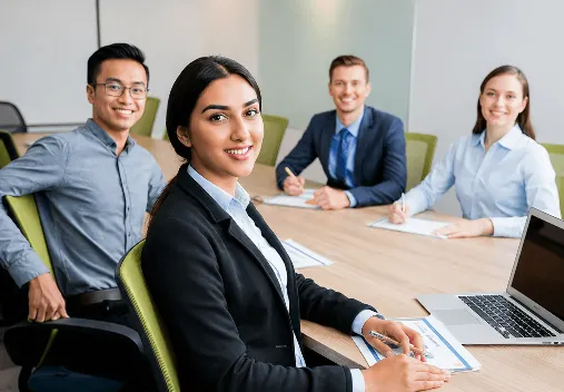 People smiling and sitting at a table with notes.