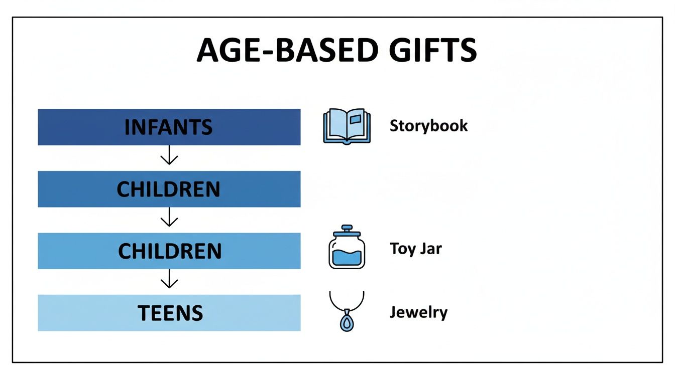 Flowchart showing age-based gift ideas: storybook for infants, toy jar for children, and jewelry for teens.