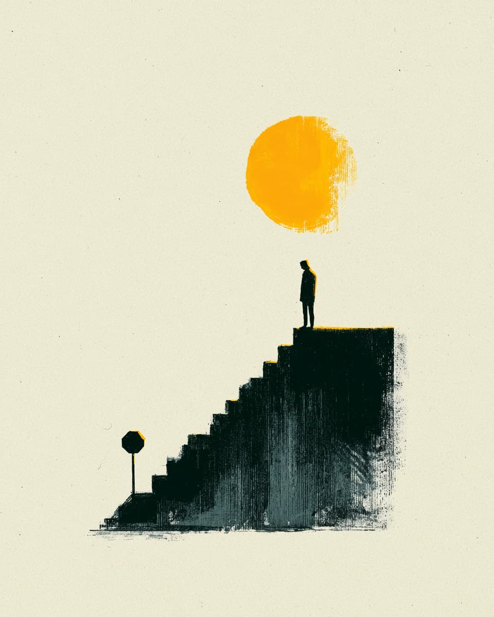 Illustration einer einsamen Figur auf Treppe unter der Sonne. Hoffnung oder Isolation?