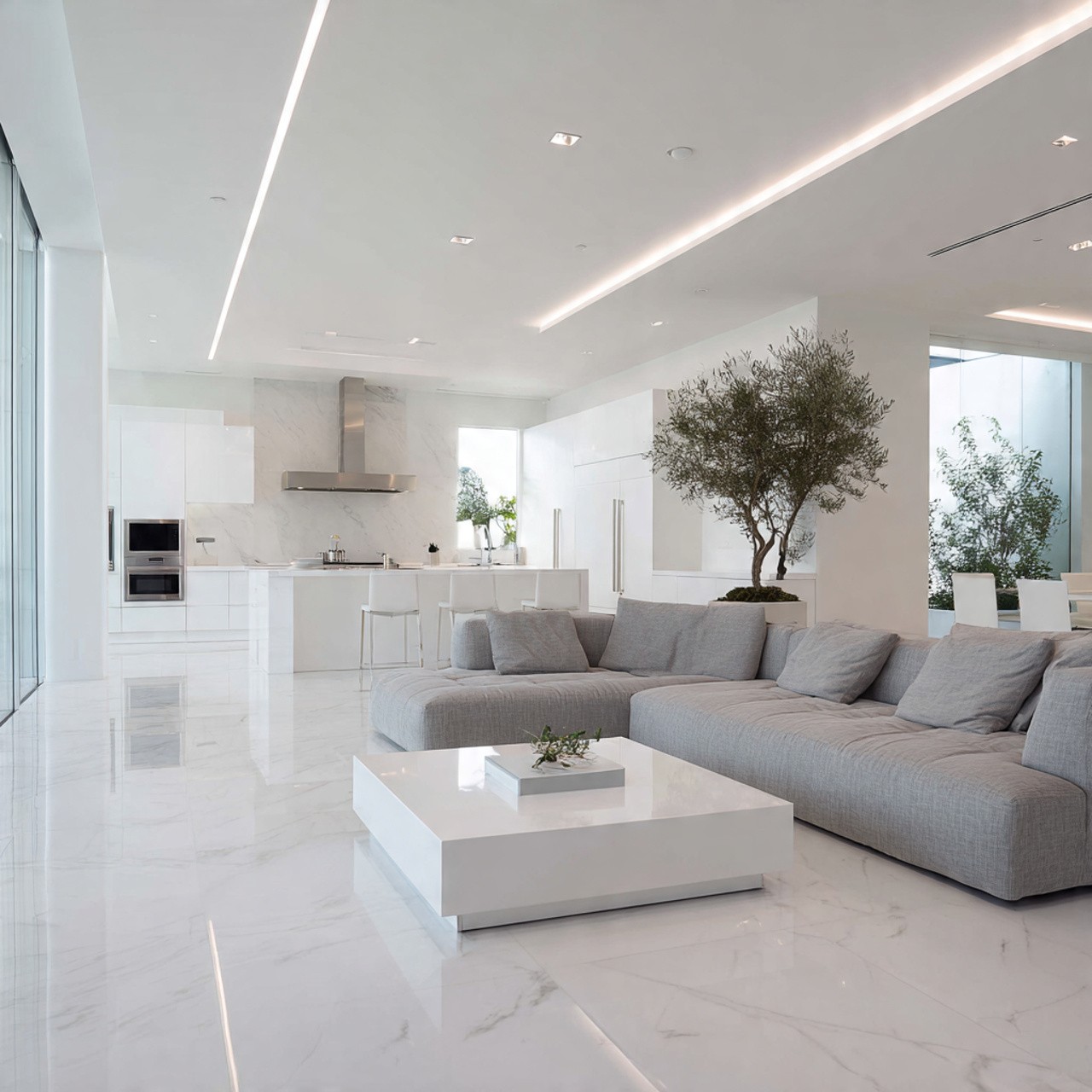 Sophisticated living room with dark wood paneling and a coffered ceiling. Features a white sofa, leather chair, and a large window with city views.