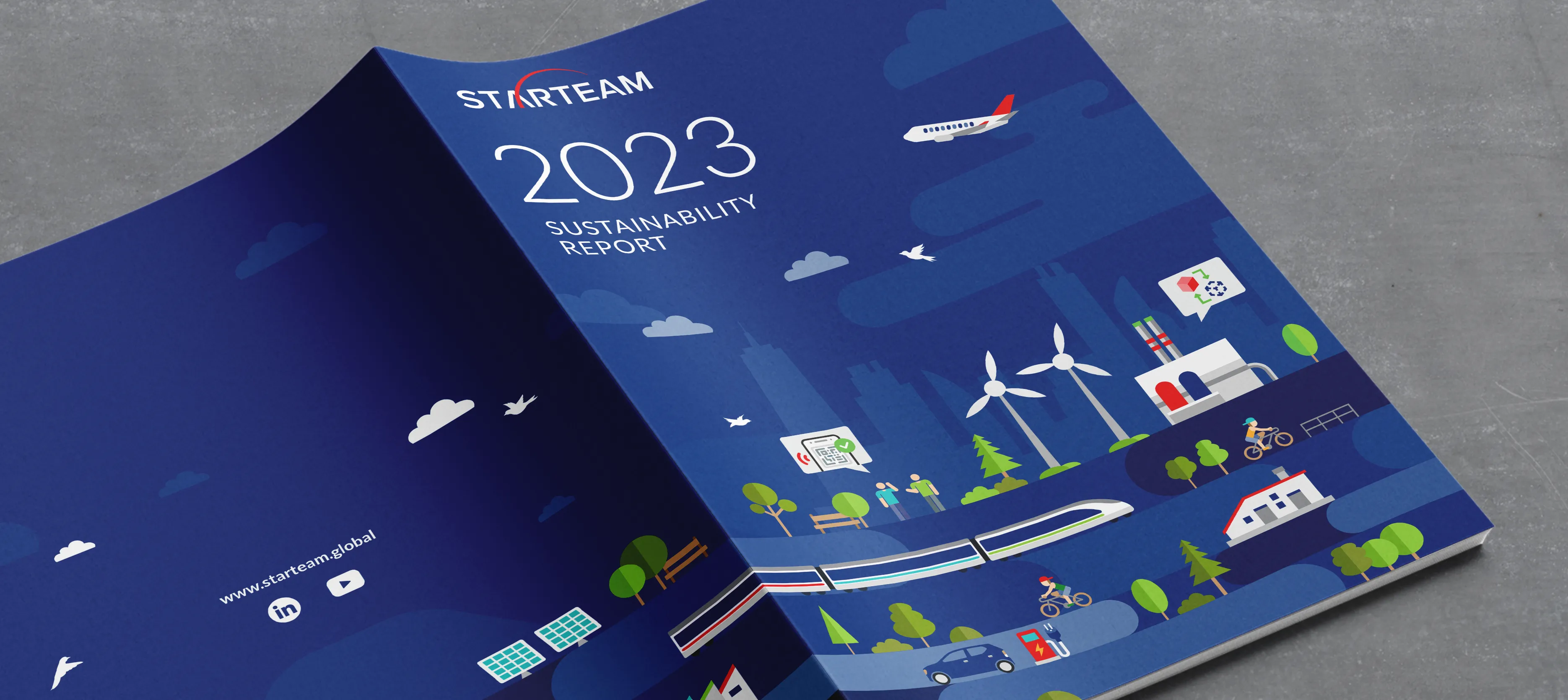Starteam Global 2023 Sustainability Report hero – blue PCB circuitry cover with illustrations of electric vehicles, renewable energy, and sustainable transport by Teatime Studio.