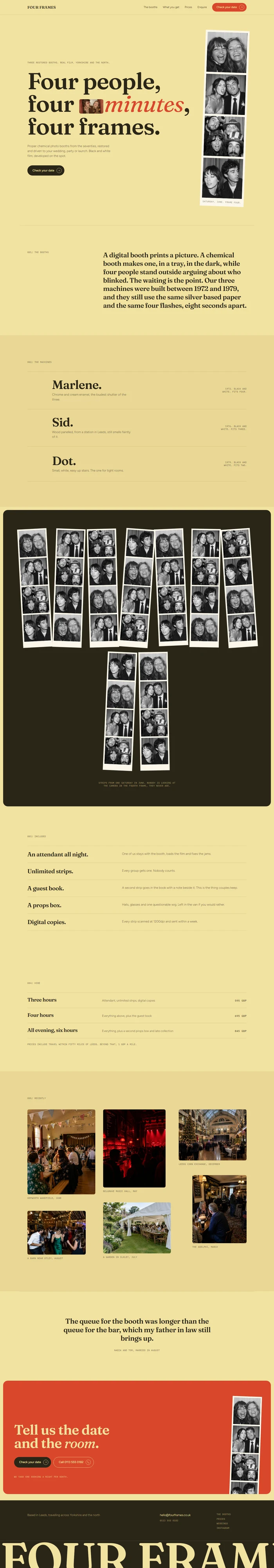 Full page of an AI-generated photo booth hire website with a photo strip hero, statement, list of three vintage booths, wall of photo strips, what you get rows, price table, venue photo grid, quote, enquiry panel and footer
