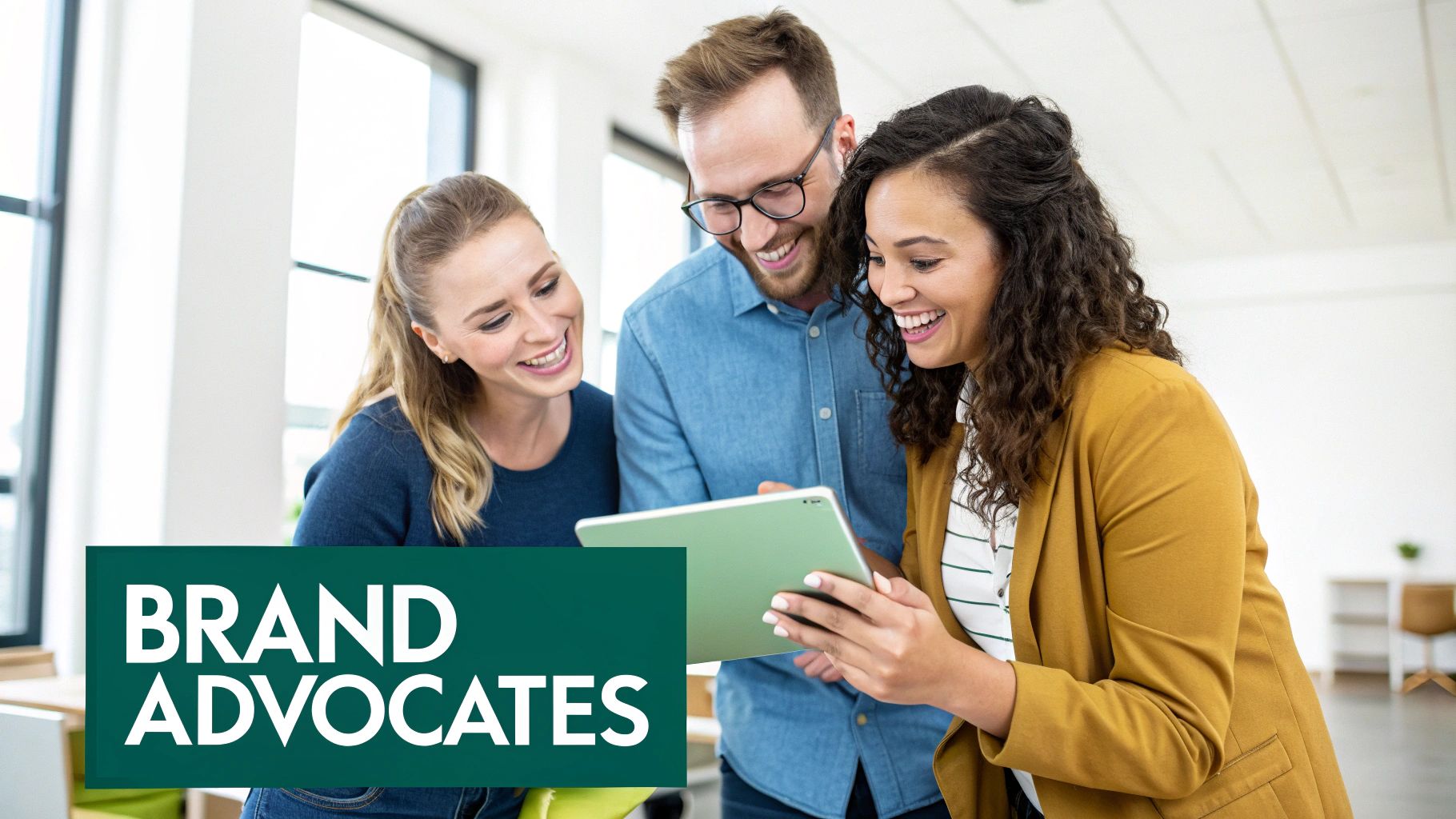 Three smiling diverse colleagues collaborate and interact with a digital tablet in a bright modern office.