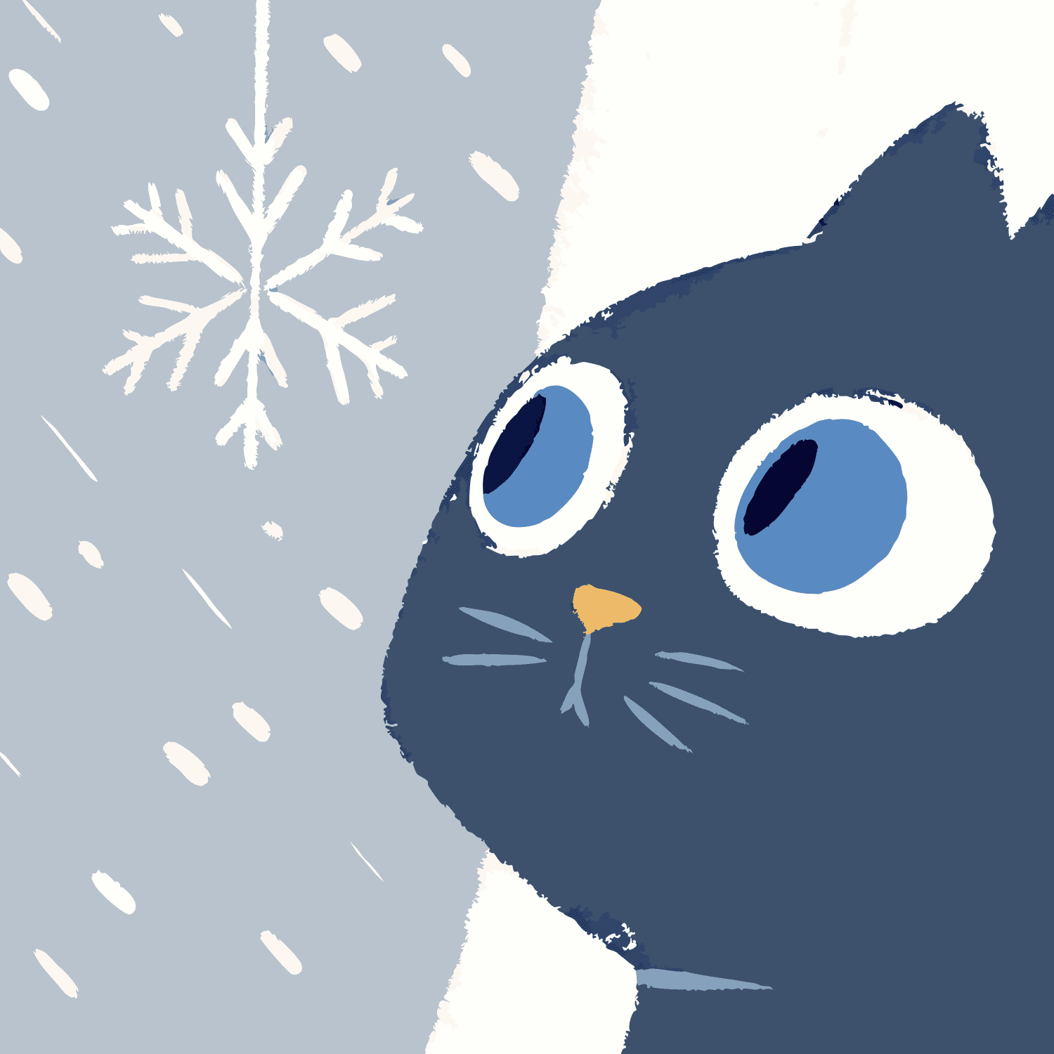 A cartoon blue cat gazes up at a falling snowflake against a light blue background.