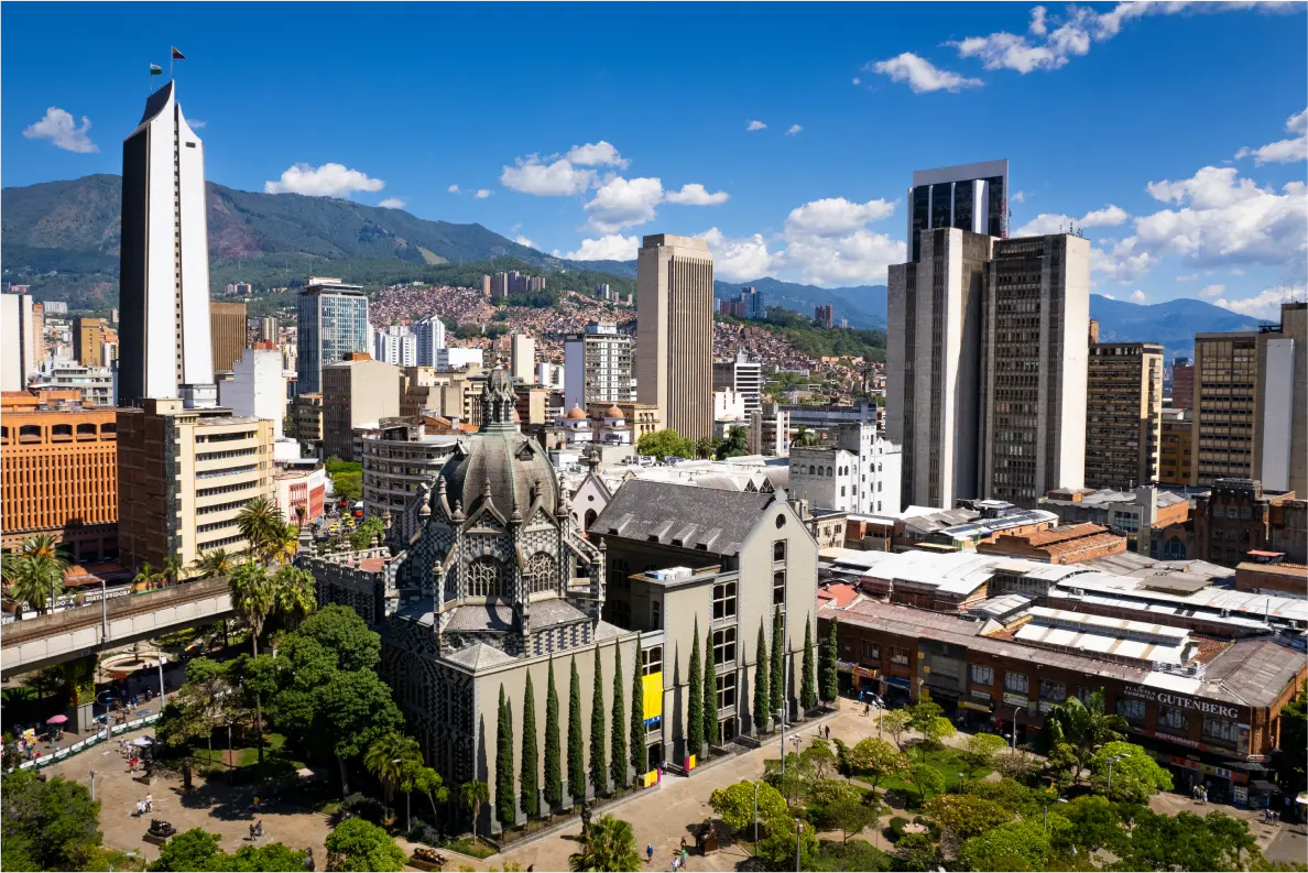 a view of a city with a mountain in the background